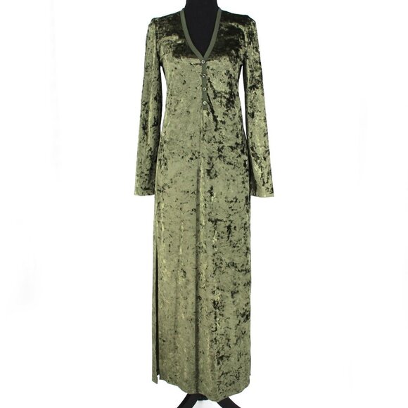 Marc Jacobs Green Velvet Henley Maxi Slip Dress Polyester Long Sleeves 0 XS NEW - Picture 1 of 8